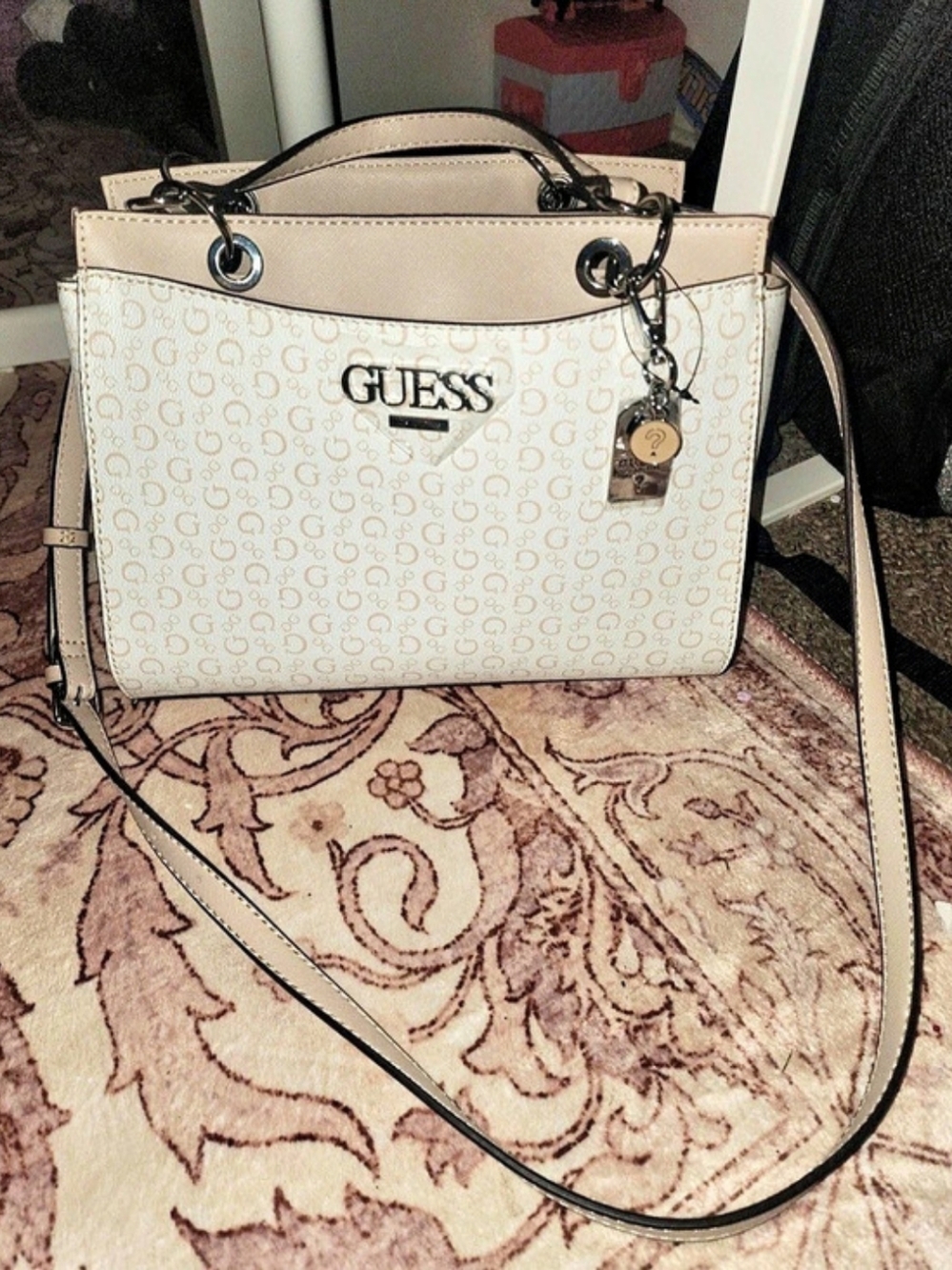 GUESS G Wave II Satchel Shoulder Bag Cream & Pink